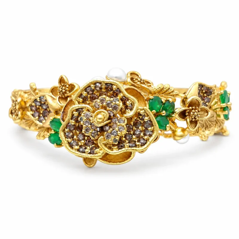 Green Coffee Floral Pearl Statement &ndash; 925 Sterling Silver &ndash; Gold Plated &ndash; Gold and Green Pearl, High Quality Zircon