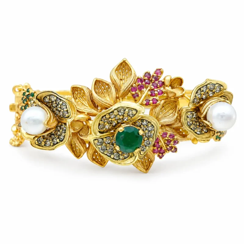 Floral Pearl Statement &ndash; 925 Sterling Silver &ndash; Gold Plated &ndash; Gold and Green Pearl, High Quality Zircon