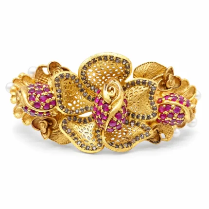 Floral Statement – 925 Sterling Silver – Gold Plated – Gold and Red High Quality Zircon