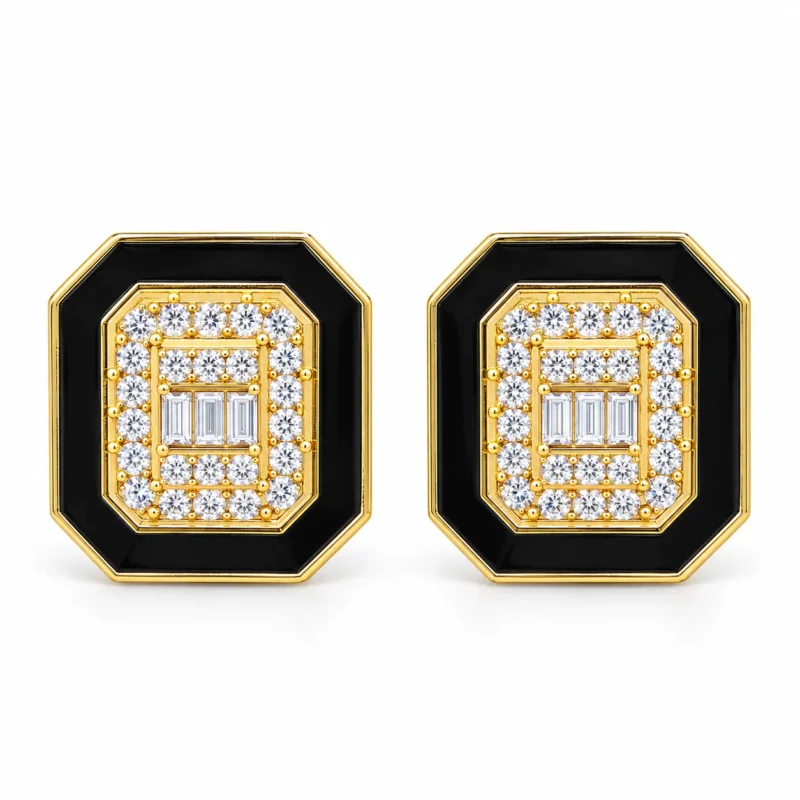 "zuha black enamel zircon square stud earrings 4g front 925 silver jewelry Karachi". زوہا جیولری کی سیاہ میناکاری اور سفید زرکون والی سنہری چوکور بالیوں کی جوڑی