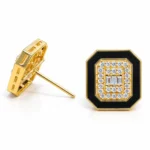 Geometric Square Stud – 925 Sterling Silver – Gold Plated – Black and Gold High Quality Zircon