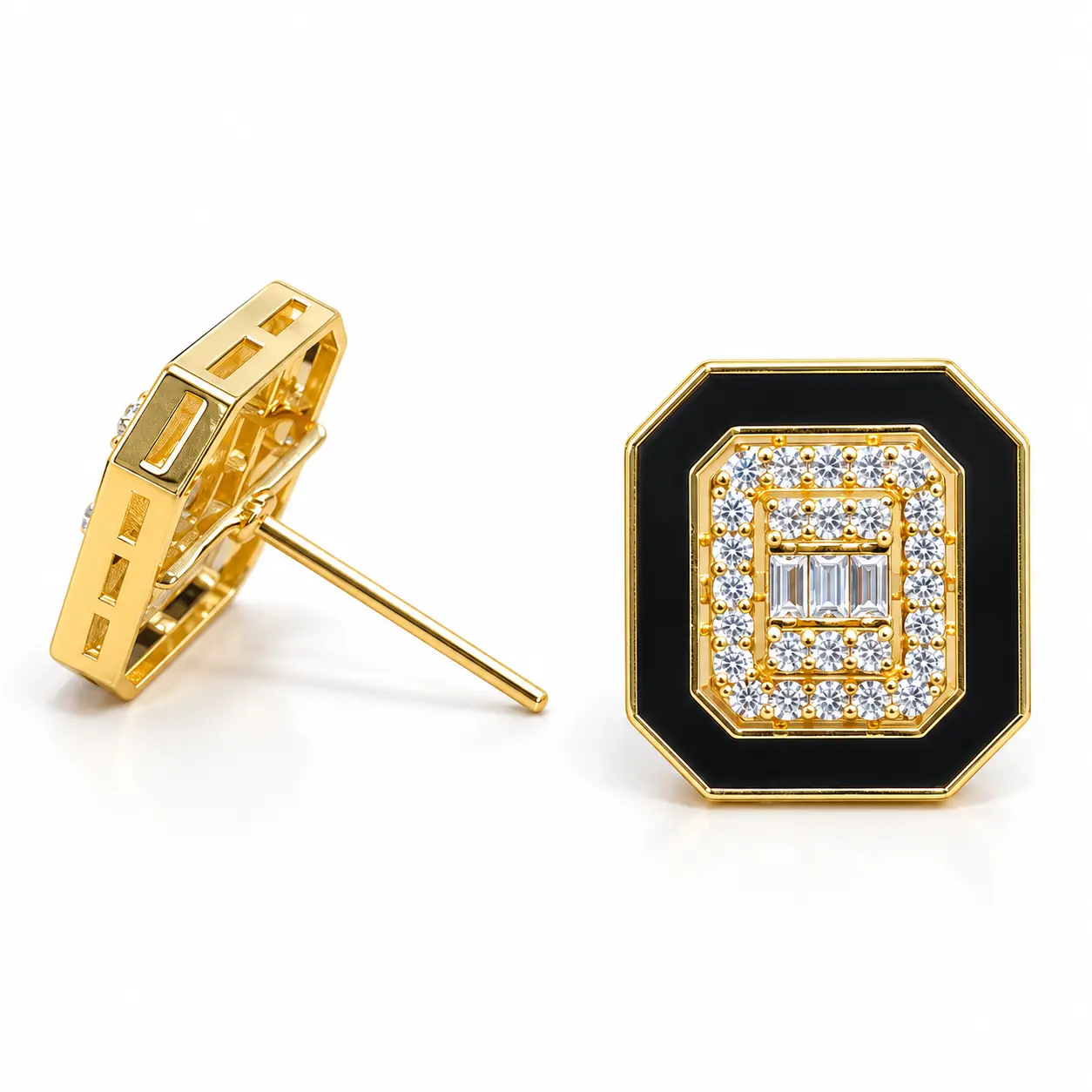 Black meenakari Zircon 925 Silver Square Stud Earrings – 6g – Main Image Geometric Square Stud – 925 Sterling Silver – Gold Plated – Black and Gold High Quality Zircon