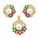 Multicolour Floral Pearl – 925 Sterling Silver – Gold Plated – Gold and Green Pearl, High Quality Zircon