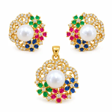 Multicolour Floral Pearl – 925 Sterling Silver – Gold Plated – Gold and Green Pearl, High Quality Zircon