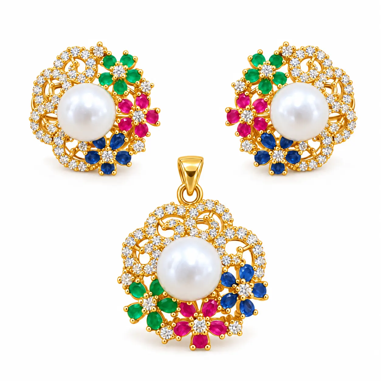 Multicolour Pearl Zircon 925 Silver Pendant Set – 10g – Main Image Multicolour Floral Pearl – 925 Sterling Silver – Gold Plated – Gold and Green Pearl, High Quality Zircon