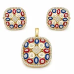 Red, Blue & Cream Meenakari – 925 Sterling Silver – Gold Plated – Blue and Gold High Quality Zircon