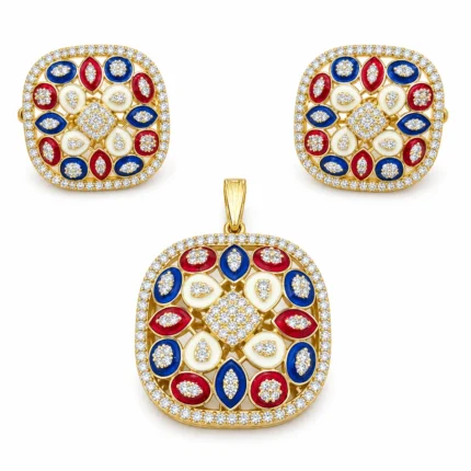 Red, Blue & Cream Meenakari – 925 Sterling Silver – Gold Plated – Blue and Gold High Quality Zircon