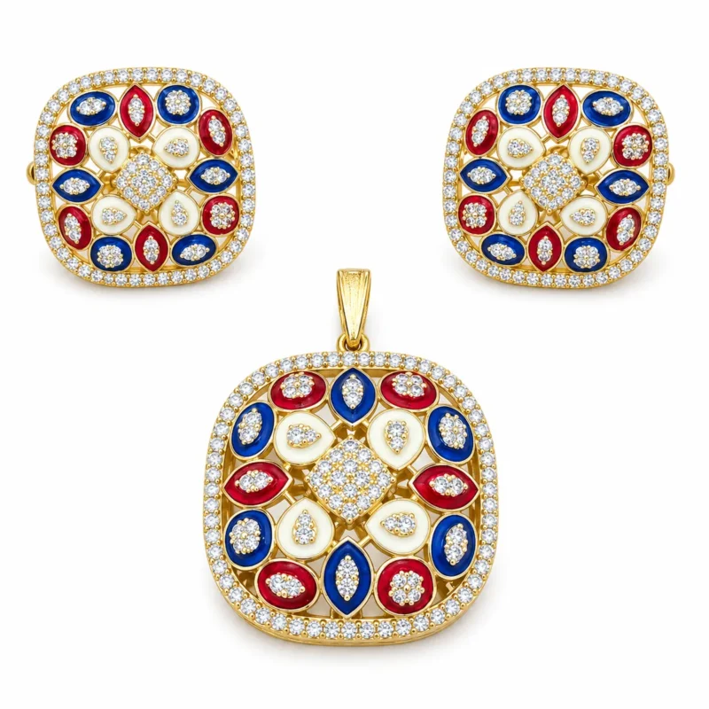Red, Blue & Cream Meenakari &ndash; 925 Sterling Silver &ndash; Gold Plated &ndash; Blue and Gold High Quality Zircon