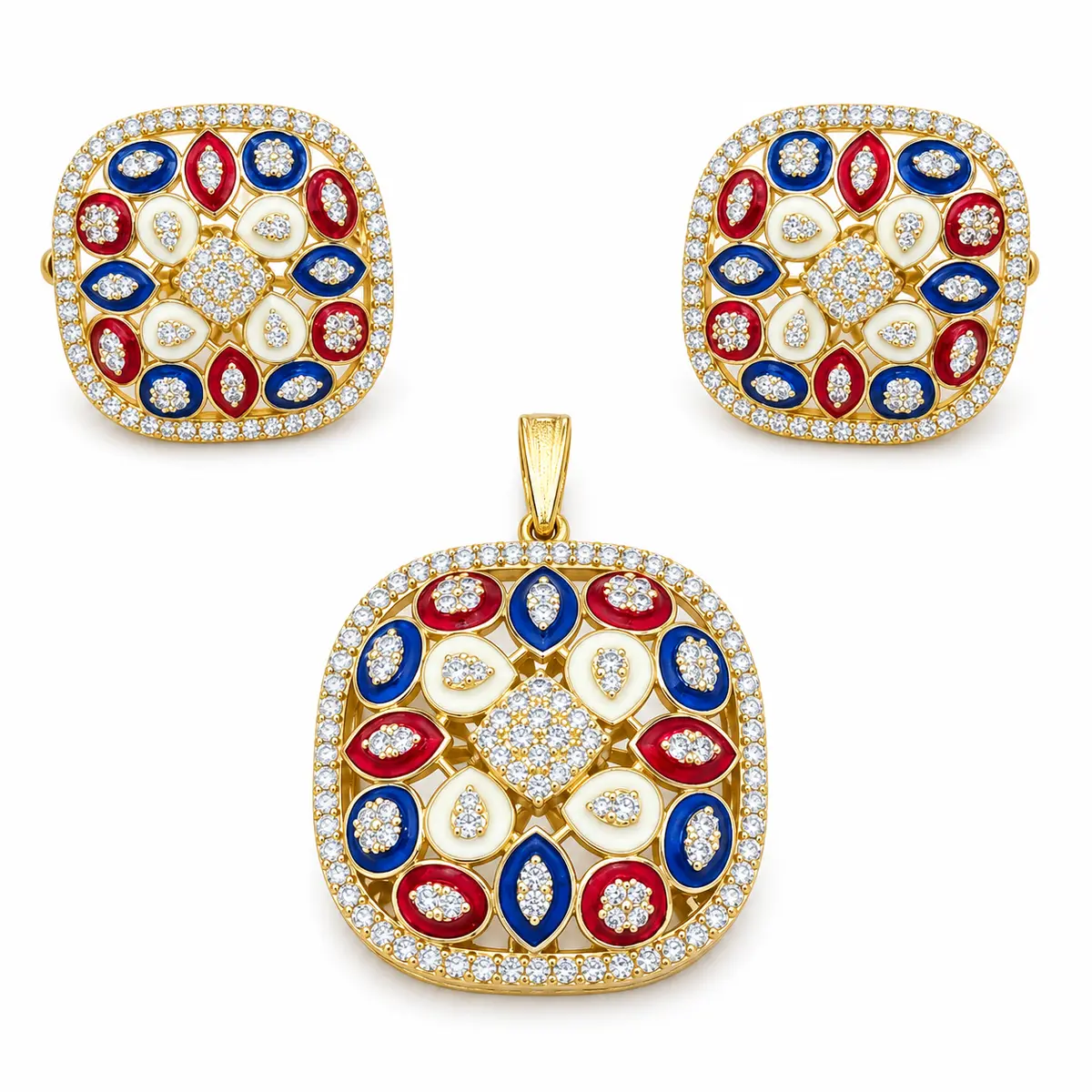 Multicolour Meenakari White Zircon 925 Silver Pendant Set – 18g – Main Image Red, Blue & Cream Meenakari – 925 Sterling Silver – Gold Plated – Blue and Gold High Quality Zircon