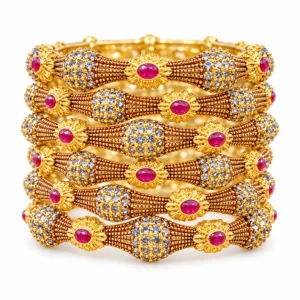 Antique Floral Bangle Set &ndash; 925 Sterling Silver &ndash; Gold Plated / Antique Color &ndash; Antique Gold and Pink High Quality Zircon