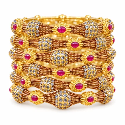 Antique Floral Bangle Set – 925 Sterling Silver – Gold Plated / Antique Color – Antique Gold and Pink High Quality Zircon