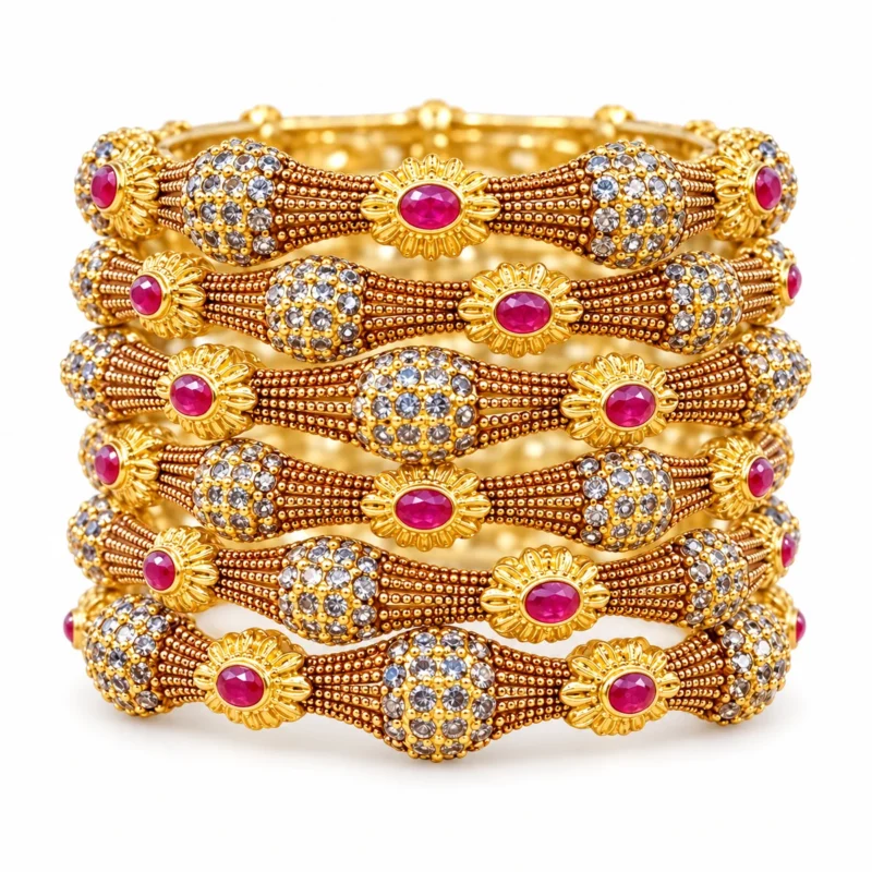 Antique Floral Bangle Set &ndash; 925 Sterling Silver &ndash; Gold Plated / Antique Color &ndash; Antique Gold and Pink High Quality Zircon