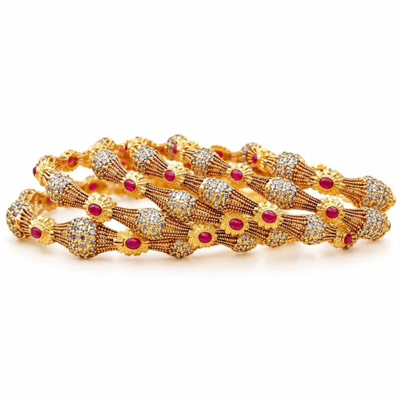 Antique Floral Bangle Set &ndash; Antique Gold and Pink High Quality Zircon &ndash; additional image 2