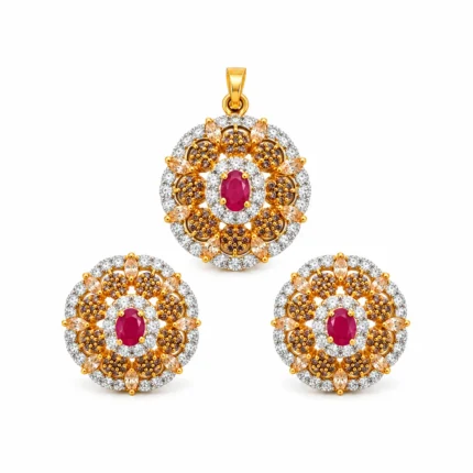 Gold Plated Red & White Zircon Pendant Set – 925 Sterling Silver, 16 g