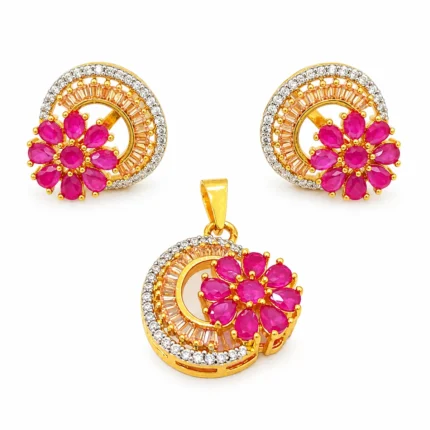 Gold Plated Pink & White Zircon Floral Pendant Set – 925 Sterling Silver, 10 g