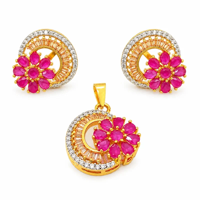 "1000260325 925 silver jewelry Karachi". زوہا جیولری کا گلابی اور سفید زرکون والا پھولوں کے ڈیزائن کا پینڈنٹ اور دو بالیوں کا سیٹ