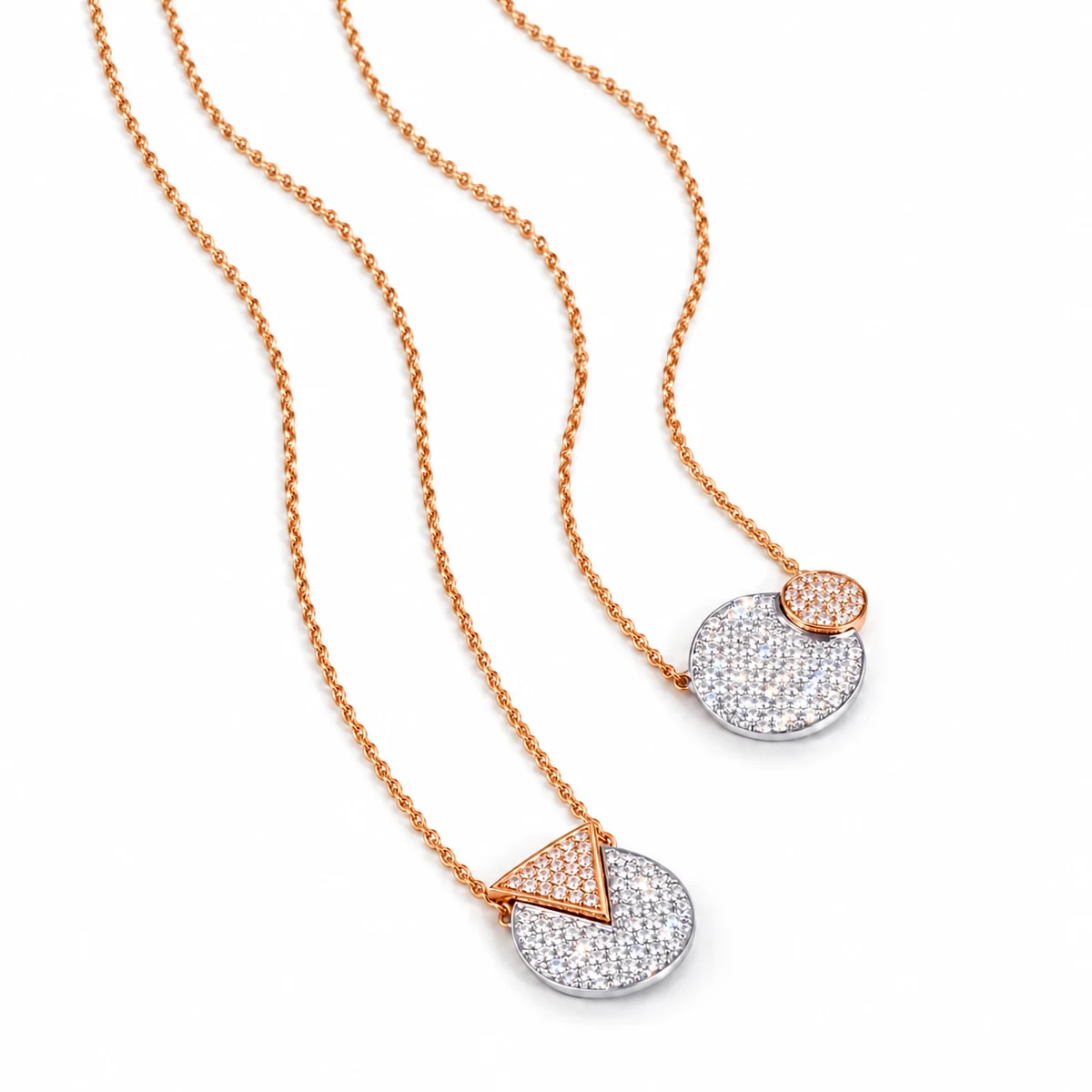 Gold & Silver White Zircon Geometric Pendant Duo – 925 Sterling Silver, 16 g – Main Image Geometric Circle and Triangle Pendant Designs – 925 Sterling Silver – Gold Plated / Rhodium Plated