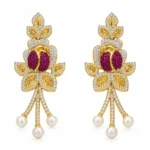 Floral and Leaf Motif Necklace with Pearl Drop Earrings – Gold and Red High Quality Zircon & Pearl – additional image 2