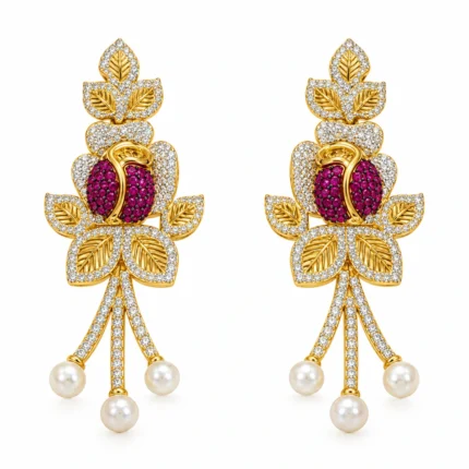 Floral and Leaf Motif Necklace with Pearl Drop Earrings – Gold and Red High Quality Zircon & Pearl – additional image 2