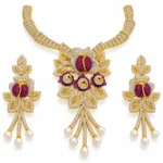 Floral and Leaf Motif Necklace with Pearl Drop Earrings – 925 Sterling Silver – Gold Plated