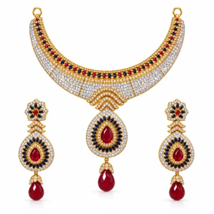Crescent Necklace with Teardrop Motifs and Floral Drop Earrings – 925 Sterling Silver – Gold Plated