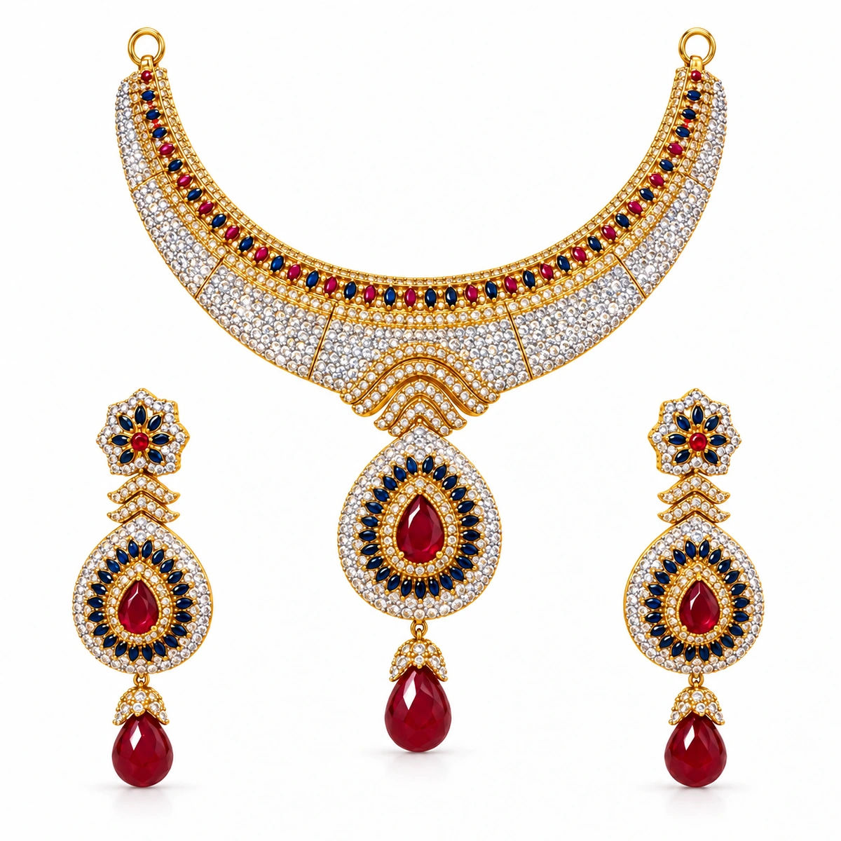 Gold Plated Red & Blue Zircon Necklace and Earrings Set – 925 Sterling Silver, 80 g – Main Image Crescent Necklace with Teardrop Motifs and Floral Drop Earrings – 925 Sterling Silver – Gold Plated