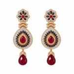 Crescent Necklace with Teardrop Motifs and Floral Drop Earrings – Blue and Gold High Quality Zircon – additional image 2