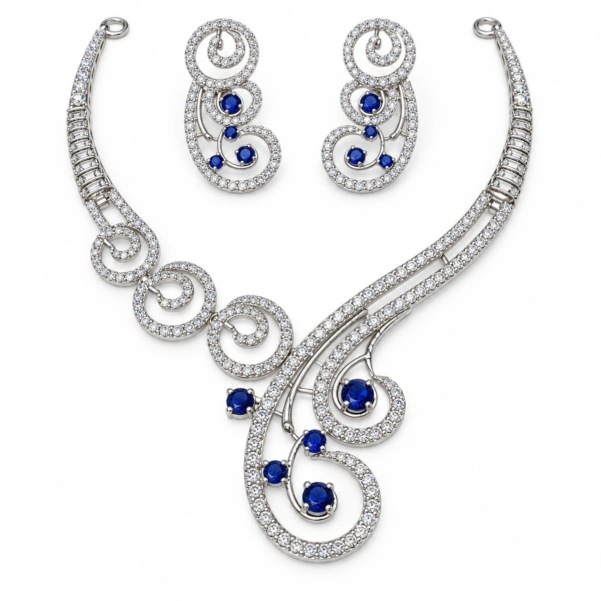 Blue & White Zircon Spiral Necklace and Earrings Set – 925 Sterling Silver, 50 g – Main Image Asymmetric Spiral and Scroll Necklace with Matching Drop Earrings – 925 Sterling Silver – Silver Tone