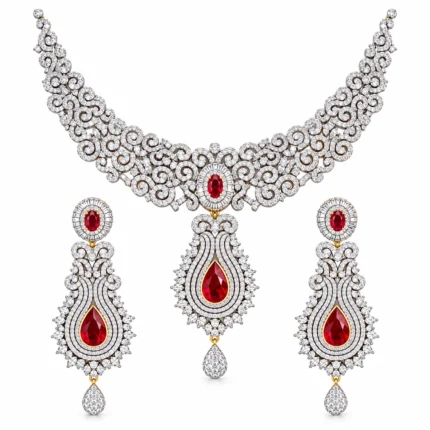 Scrollwork Necklace with Layered Teardrop Pendant and Long Drop Earrings – 925 Sterling Silver – Silver Tone