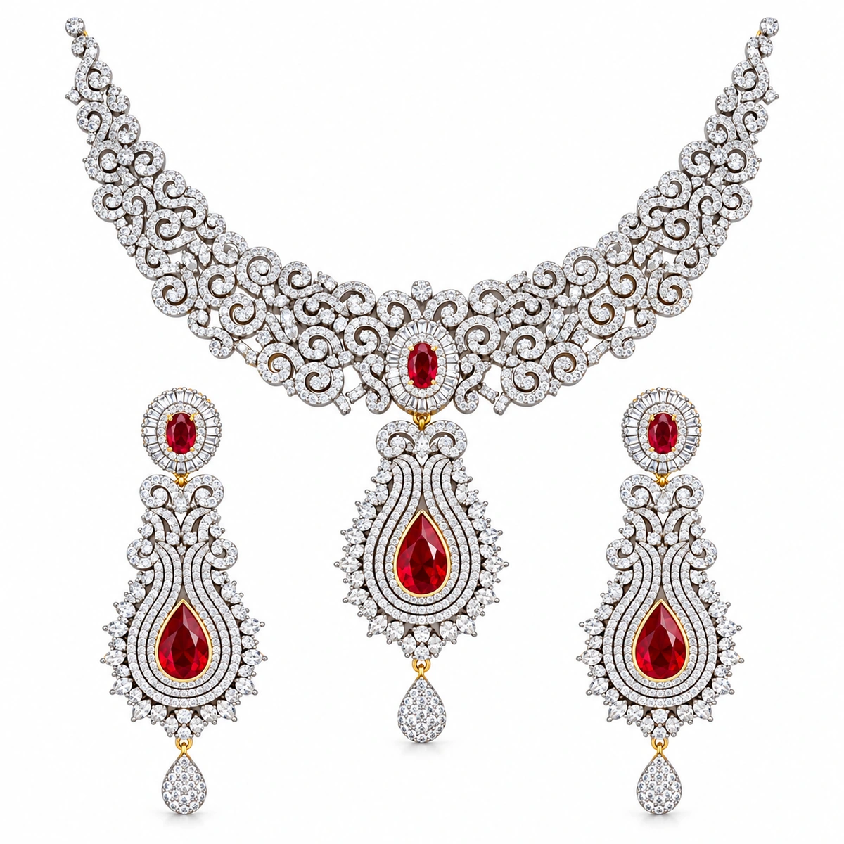 Red & White Zircon Teardrop Necklace and Long Earrings Set – 925 Sterling Silver – Main Image Scrollwork Necklace with Layered Teardrop Pendant and Long Drop Earrings – 925 Sterling Silver – Silver Tone