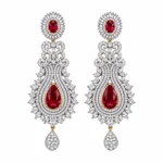 Scrollwork Necklace with Layered Teardrop Pendant and Long Drop Earrings – Red and Silver High Quality Zircon