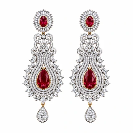 Scrollwork Necklace with Layered Teardrop Pendant and Long Drop Earrings – Red and Silver High Quality Zircon