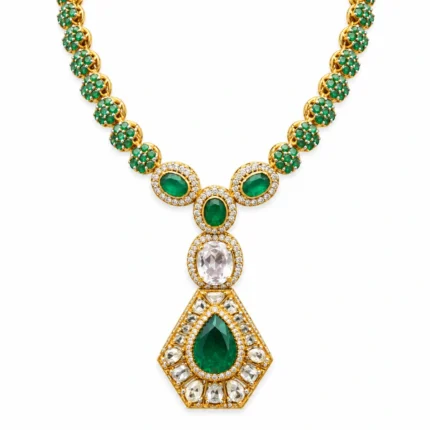 Floral Link Necklace with Geometric Teardrop Pendant – 925 Sterling Silver – Gold Plated / Antique Color