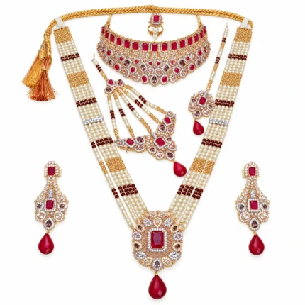 Pearl Multi-Strand Bridal Set with Choker and Pendant Necklace – 925 Sterling Silver – Gold Plated / Antique Color