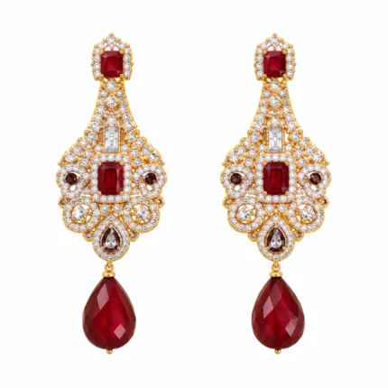 Pearl Multi-Strand Bridal Set with Choker and Pendant Necklace – Gold and Red High Quality Zircon & Pearl