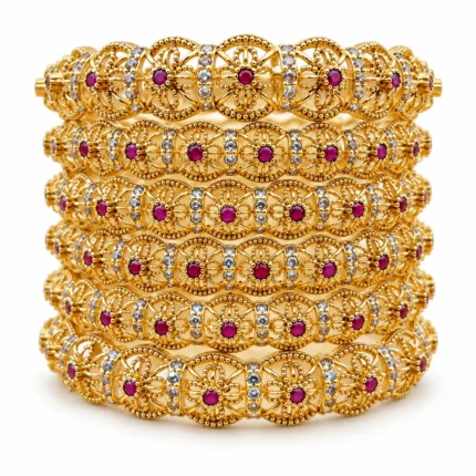 Antique Floral Bangle – 925 Sterling Silver – Gold Plated / Antique Color – Antique Gold and Red High Quality Zircon