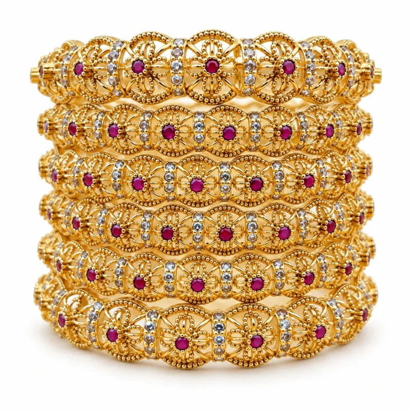 Antique Floral Bangle &ndash; 925 Sterling Silver &ndash; Gold Plated / Antique Color &ndash; Antique Gold and Red High Quality Zircon