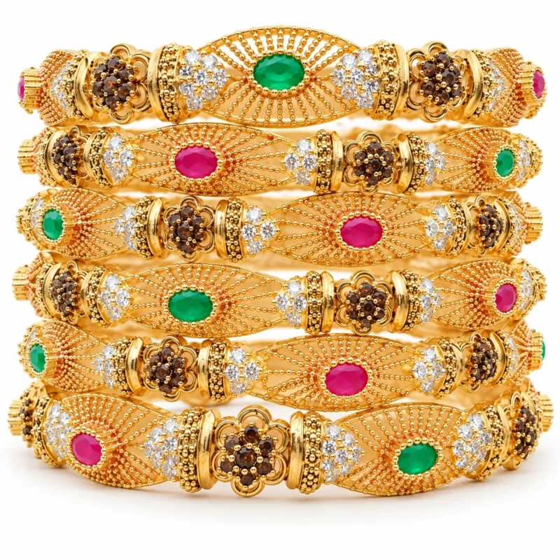 Antique Floral Bangle Set &ndash; 925 Sterling Silver &ndash; Gold Plated / Antique Color &ndash; Antique Gold and Green High Quality Zircon