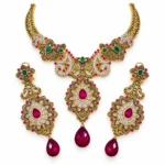 Bridal Necklace Set – 925 Sterling Silver – Gold Plated / Antique Color – Gold and Green Ruby, Emerald