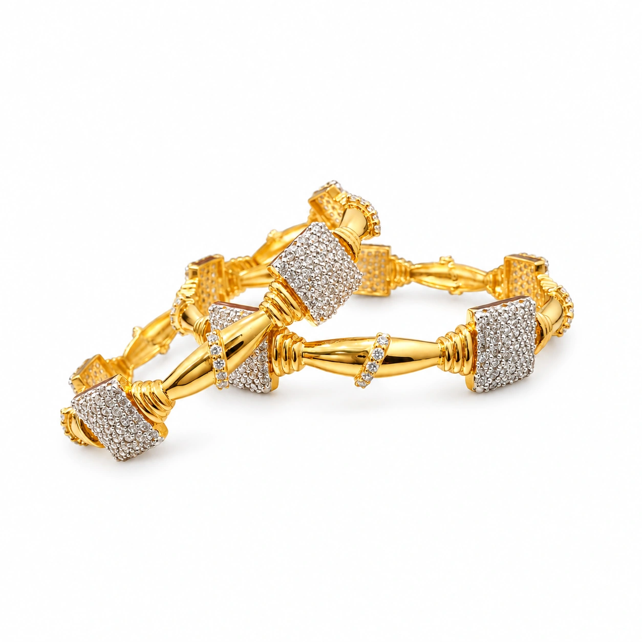 Gold Plated White Zircon Square Bangles Pair – 925 Sterling Silver, 26 g – Main Image Square Pavé Zircon Bangles – 925 Sterling Silver – Gold Plated – Gold and White High Quality Zircon