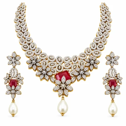 Floral Bridal – 925 Sterling Silver – Silver Tone with Gold Accents – Gold and Red Ruby-Coloured Stones & Pearl