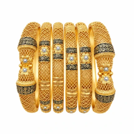 Floral Lattice with Black Enamel Scrollwork – 925 Sterling Silver – Gold Plated / Antique Color