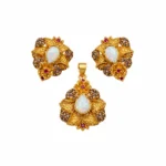 Floral Crown Pendant Set – 925 Sterling Silver – Gold Plated / Antique Color – Antique Gold and Red High Quality Zircon