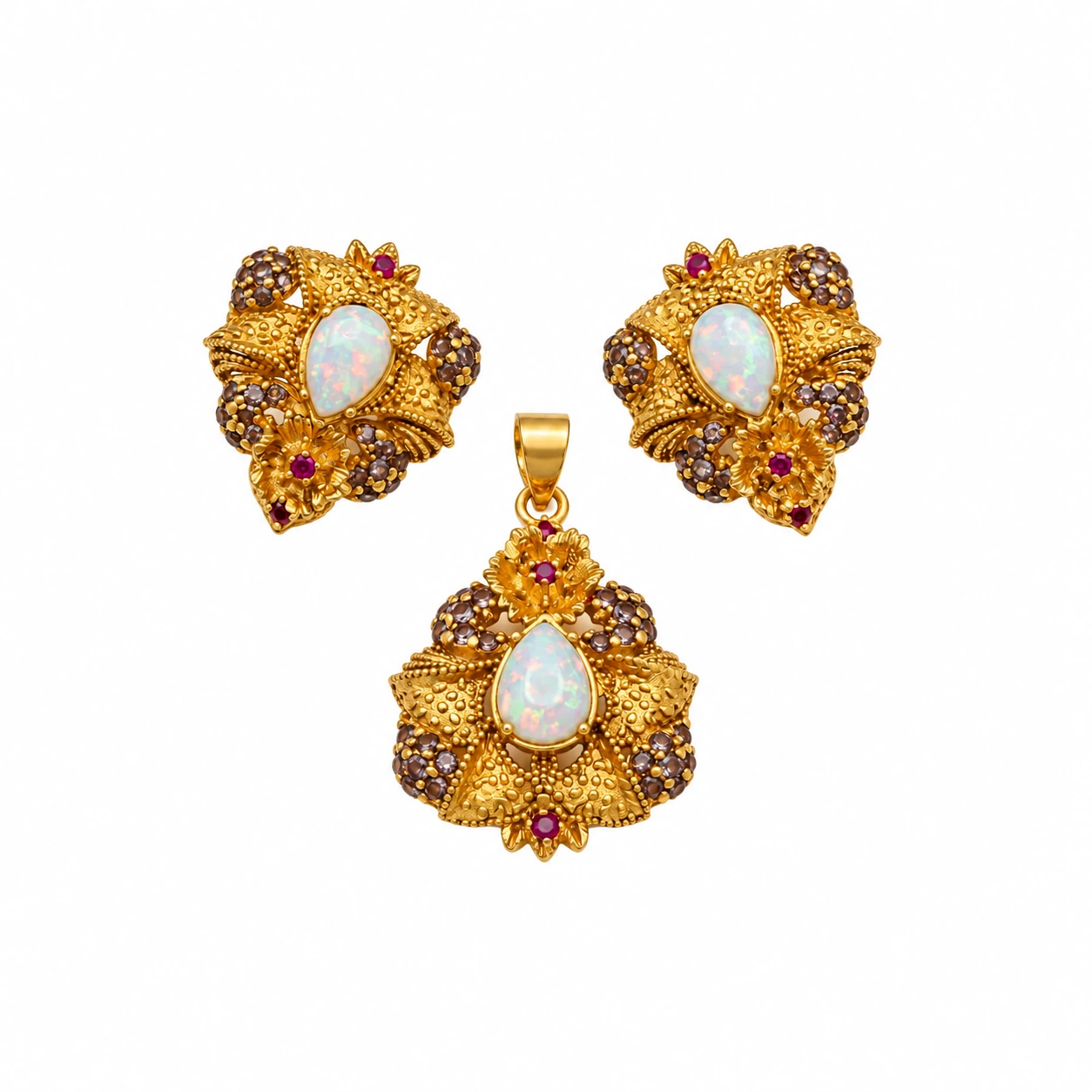 Antique Gold Plated Red & White Zircon Pendant Set, 8 g – Main Image Floral Crown Pendant Set – 925 Sterling Silver – Gold Plated / Antique Color – Antique Gold and Red High Quality Zircon