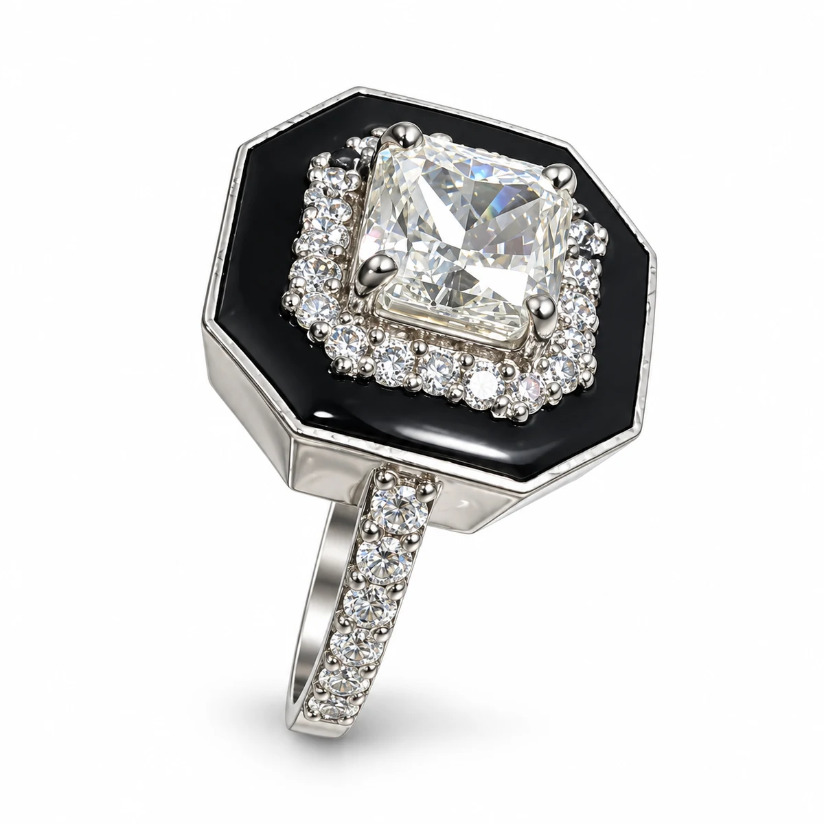 925 Sterling Silver Black and White Zircon Octagonal Statement Ring – 6 g – Main Image Octagonal Art Deco – 925 Sterling Silver – Deep Rhodium Plated – Black and Silver High Quality Zircon