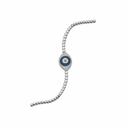 Blue and White Zircon Eye Motif with Round Bezel-Set Chain – 925 Sterling Silver – Deep Rhodium Plated