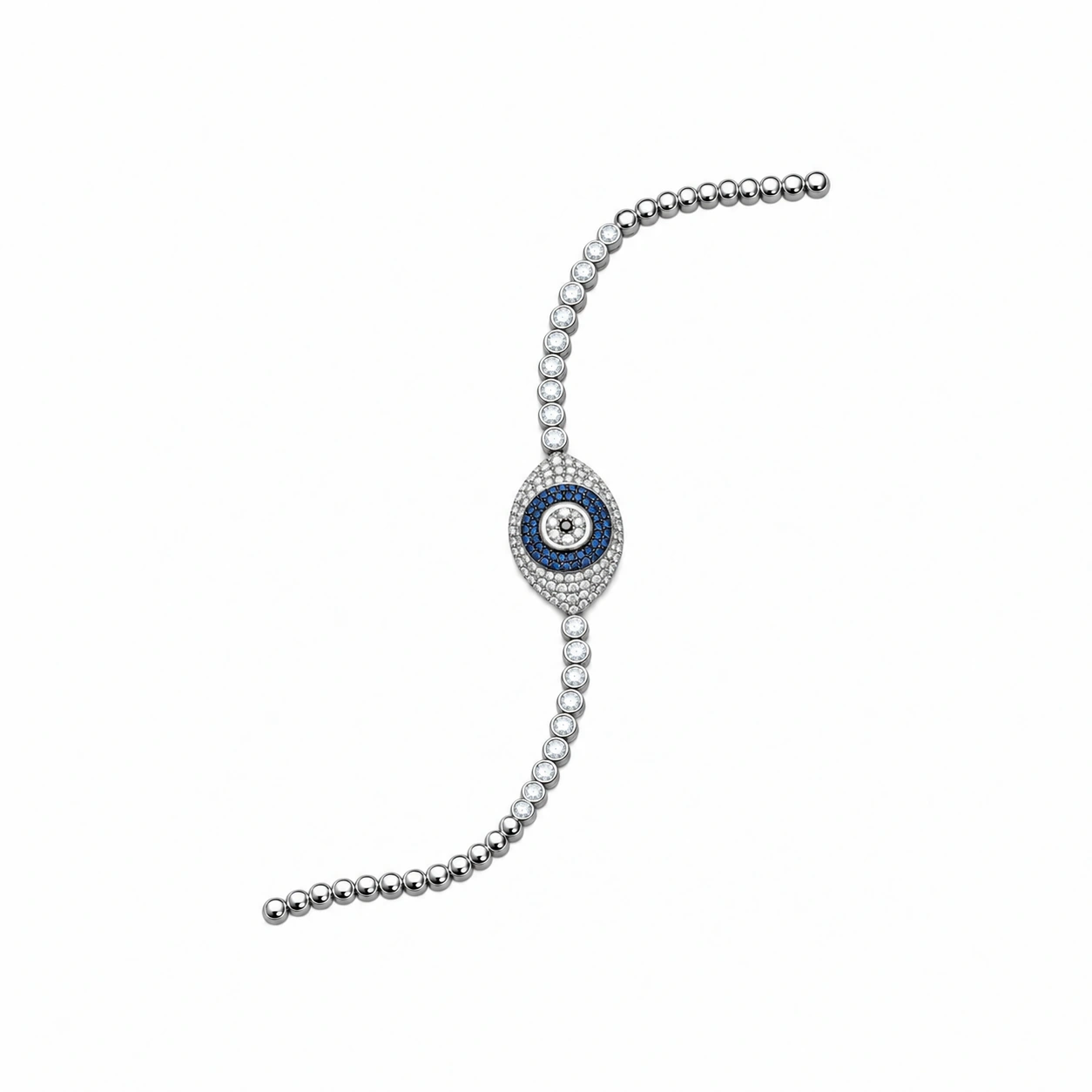Rhodium Plated Blue & White Zircon Eye Bracelet – 925 Sterling Silver, 35 g – Main Image Blue and White Zircon Eye Motif with Round Bezel-Set Chain – 925 Sterling Silver – Deep Rhodium Plated