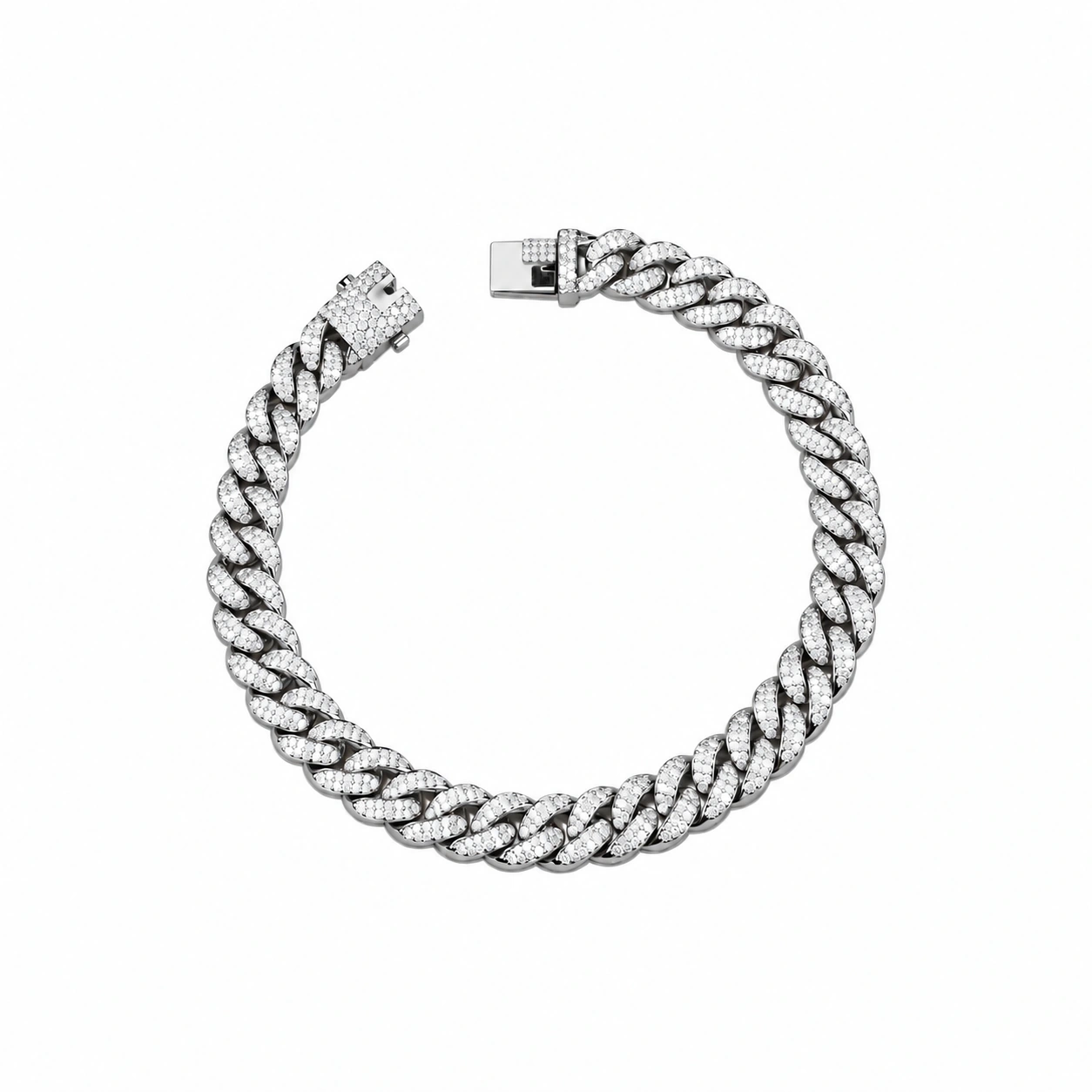 Rhodium Plated White Zircon Cuban Link Bracelet – 925 Sterling Silver, 150 g – Main Image Pavé Zircon Cuban Link Chain with Box Clasp – 925 Sterling Silver – Deep Rhodium Plated