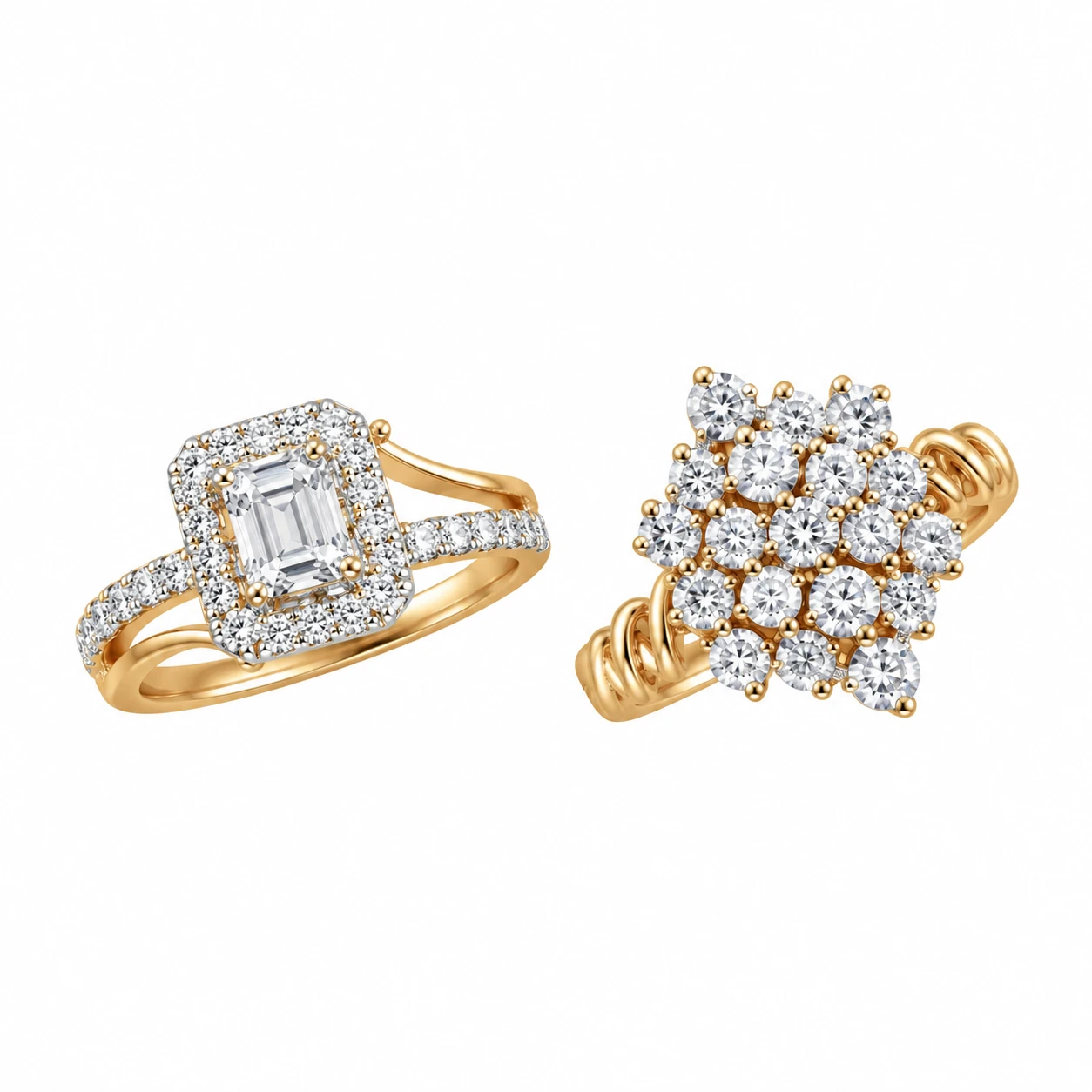 Gold Plated White Zircon Two Ring Set – 925 Sterling Silver, 10 g – Main Image Rectangular Halo and Floral Cluster Two Ring Set – 925 Sterling Silver – Gold Plated – Gold and Silver High Quality Zircon