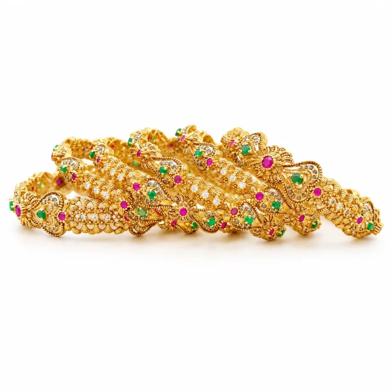 Antique Floral Bangle Set &ndash; Antique Gold and Green High Quality Zircon &ndash; additional image 2